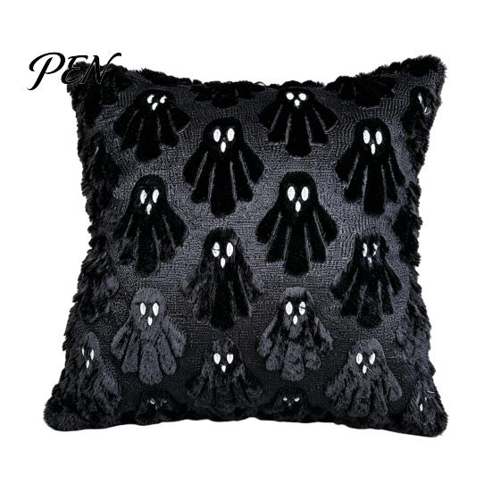 Fuzzy Ghost Throw Pillow Cover Halloween Cushion Cover, 18x18 Inch Covers Washable Plush Case for Sofa Couch Home Holiday Decor Accent Pieces