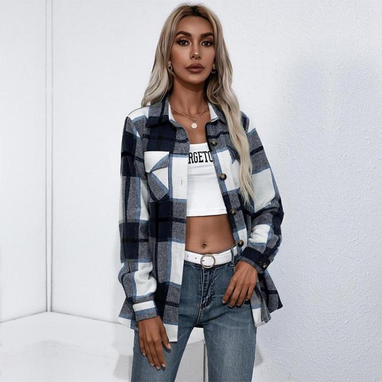 

Cashmere Shirt Thick Plaid Women Cardigan Fall Winter Turn Down Collar Single Breasted Top S M L XL L темно-синий
