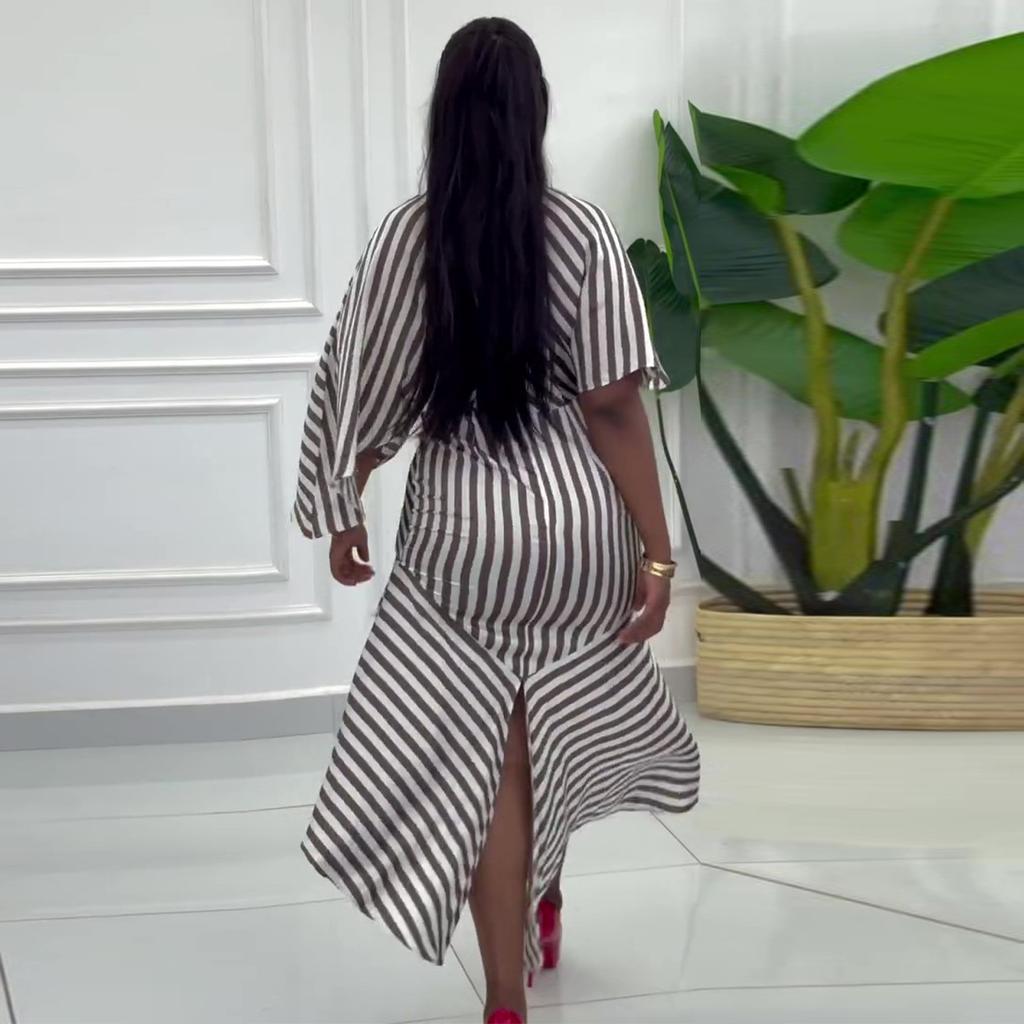 European and American Summer New African Elegant Style Striped Asymmetrical One-sleeved Fishtail Dress