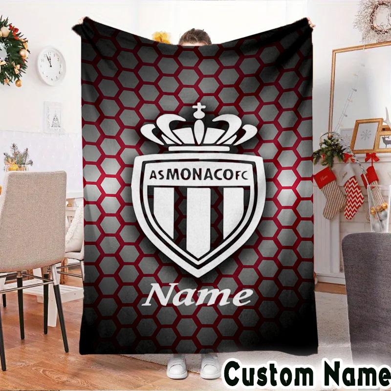 Custom Name Monaco Football Crest Throws Blanket Flannel Blankets for Couch Bed Gifts for Men Women Picnic blanket Christmas fan gifts