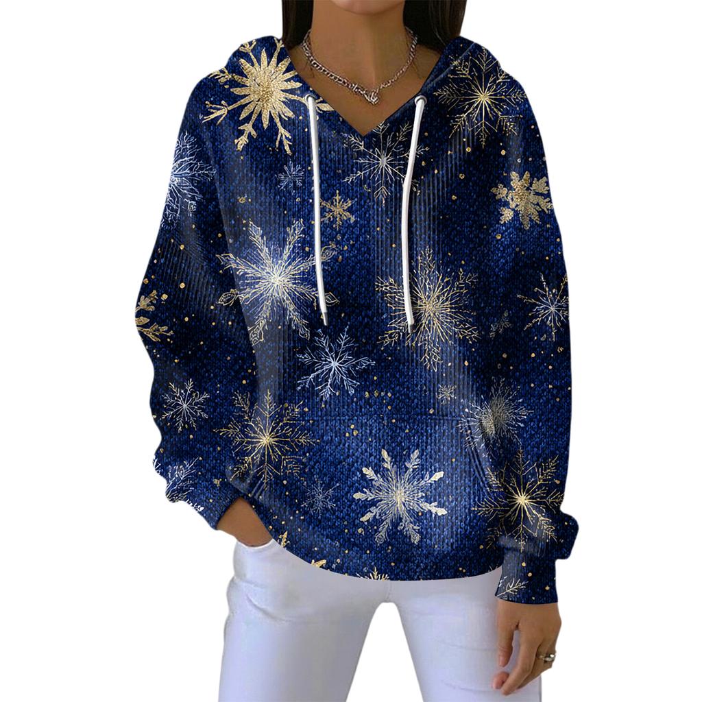 Women's Loose Comfortable Casual Fashion V-Neck Christmas Print Long Sleeve Hoodie
