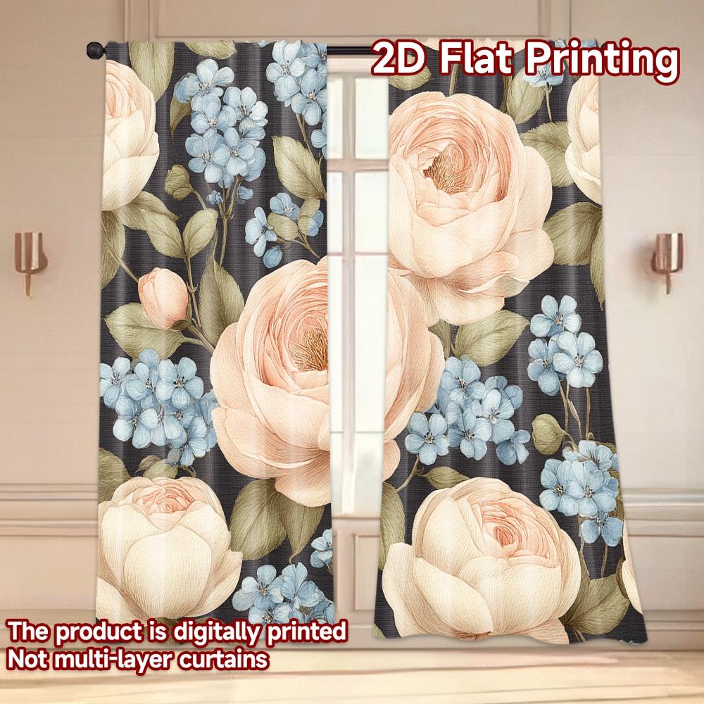 Set Of 2 Flat Printing Curtains Without Rod Floral Rose Design Easter Festival Fashion Fabric Outdoor Curtain Polyester