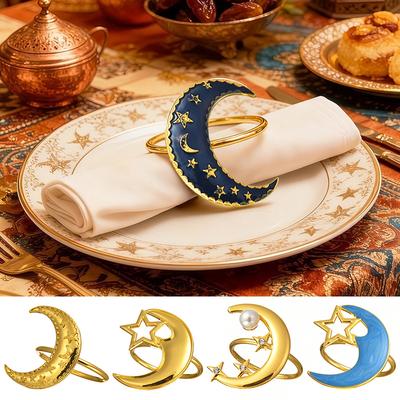 Zinc Alloy Moon Shaped Napkin Buckles Eid Mubarak Napkin Ring Ramadan Decorations Slamic Mubarak Party Table Decor Napkin Holder