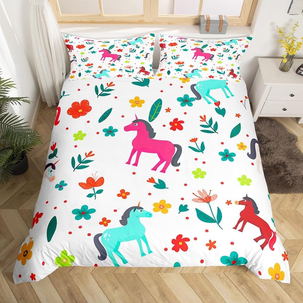 Tier Cartoon King Size Bettbezug Niedliches Regenbogen Alpaka Weiches Bettwäscheset für Jungen Mädchen Floral Dschungel Tier Bettwäsche 3-teilig