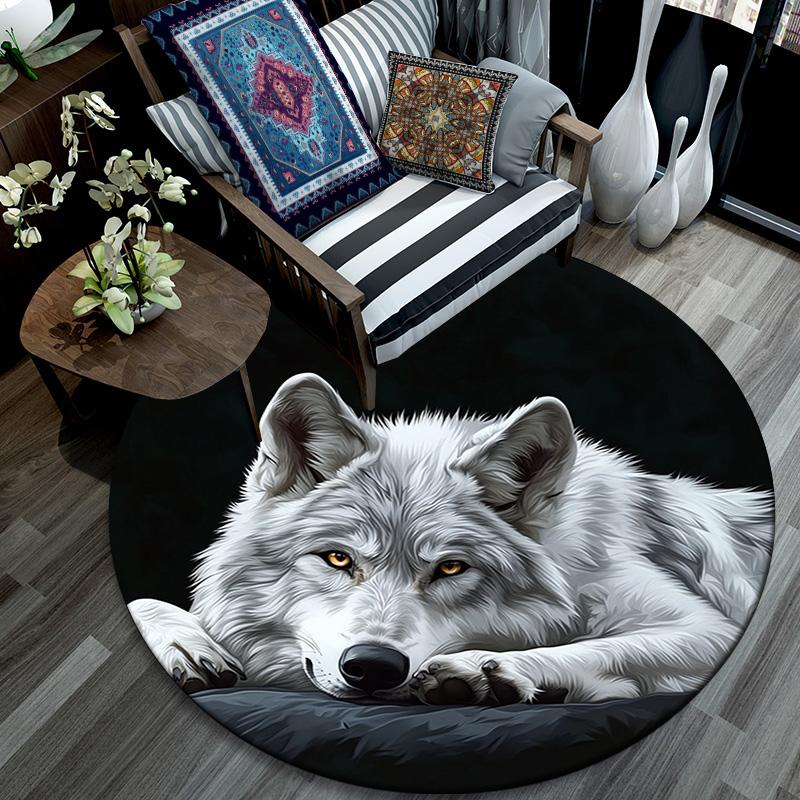 Gray Wolf Round Area Rug,Carpet Rug for Living Room Bedroom Sofa Playroom Decor,Non-slip Floor Mat