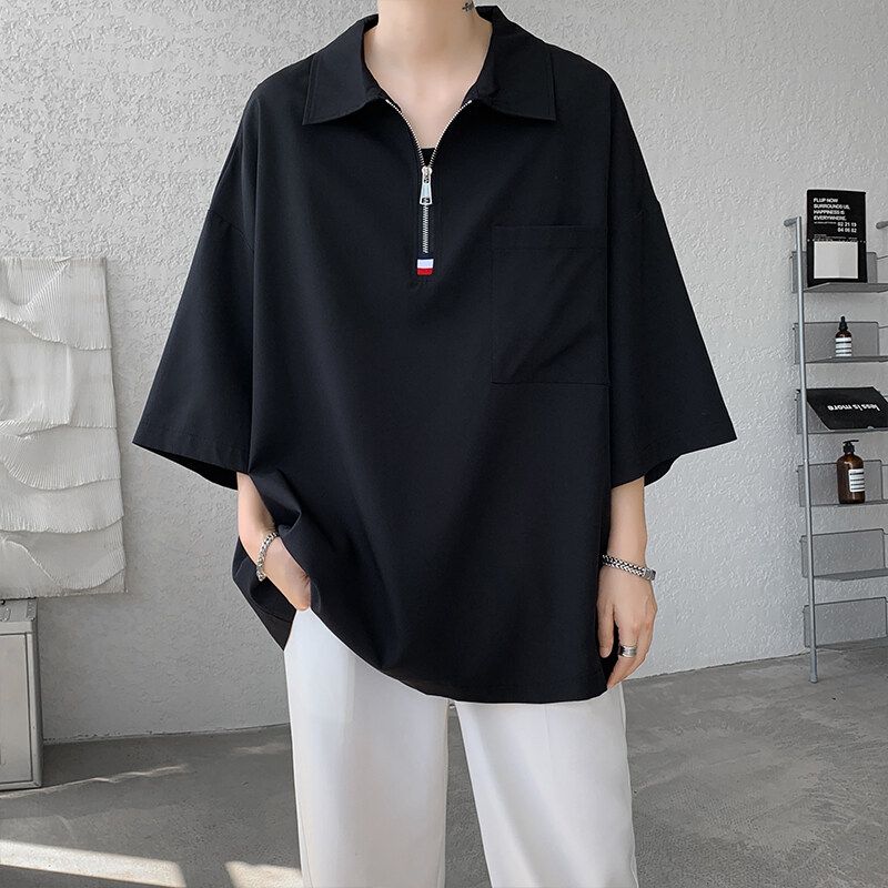 

Летние футболки-поло свободного кроя, модные, на молнии, мужская одежда, карманы, вставки, повседневные базовые однотонные футболки-поло с полурукавом XXXL чёрный