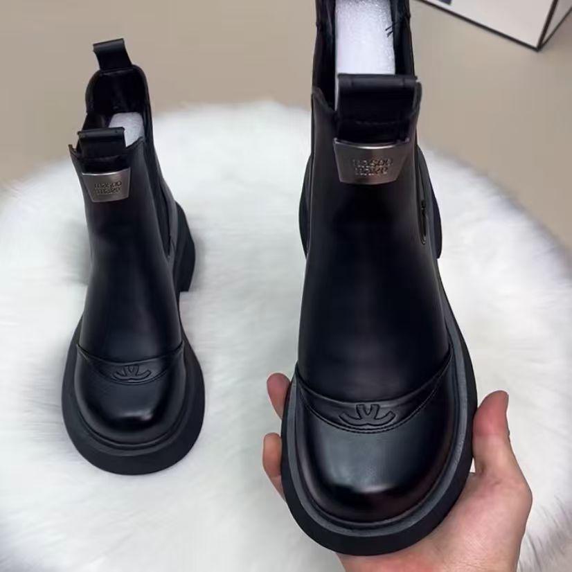 

Женские сапоги до колена из мягкой кожи - 2025 Осень/Зима Стройнящие, Универсальные, Модные ботинки Мартин на флисовой подкладке. 37