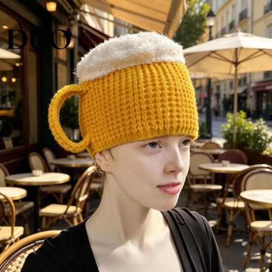 Cappello Costume Divertente per Uomini e Donne, Cappello a Forma di Boccale di Birra Divertente, Scaldamuscoli a Maglia Novità Versatili per Adulti con Manici, Guanti Invernali Caldi per Adulti,