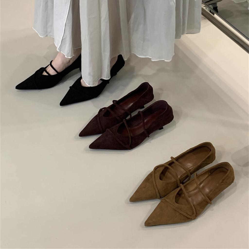 Pointed small low-heeled high heels 2025 autumn new temperament suede fashion versatile retro thin commuter shoes