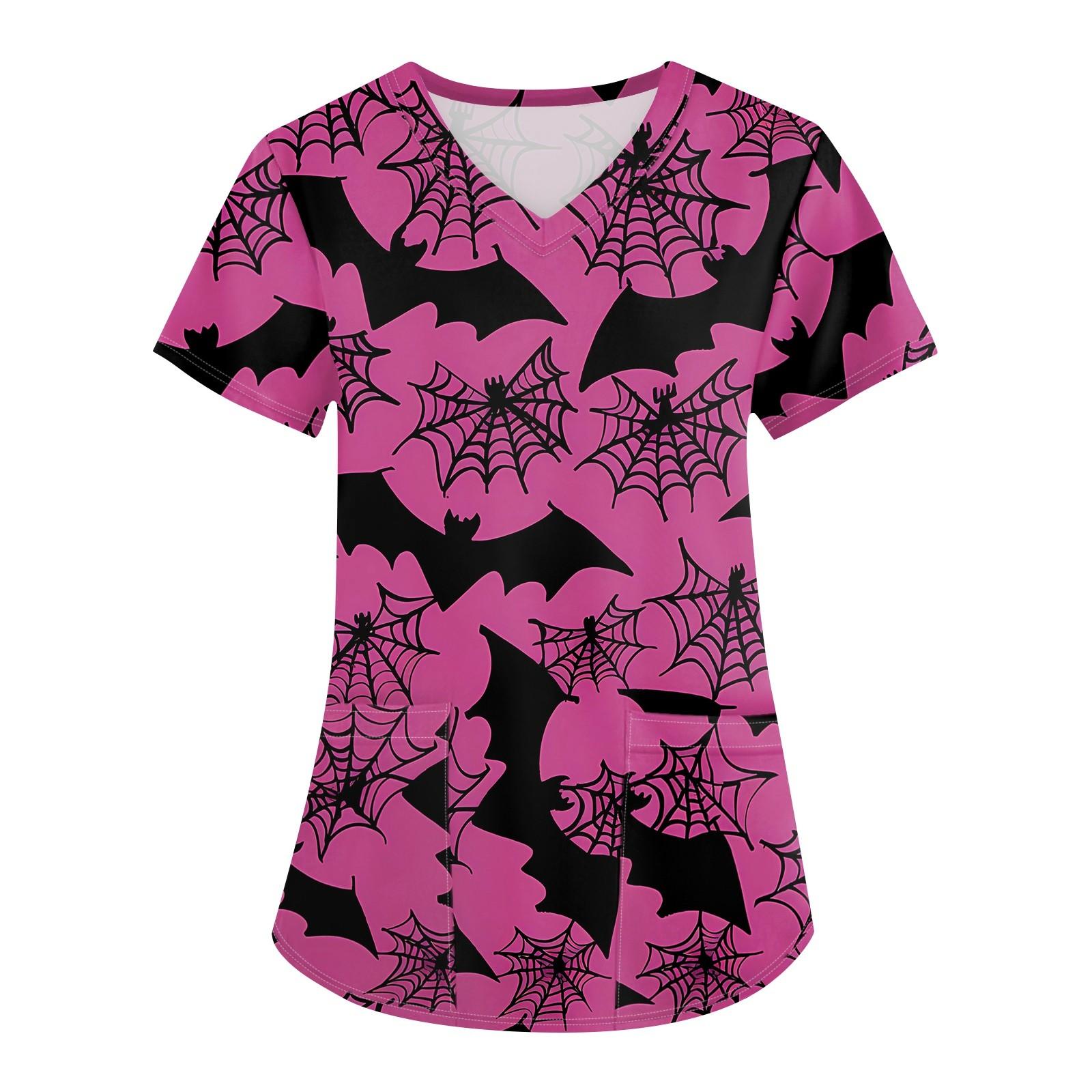 

Женская мода V-образным вырезом с короткими рукавами и карманами Топы с принтом на Хэллоуин S