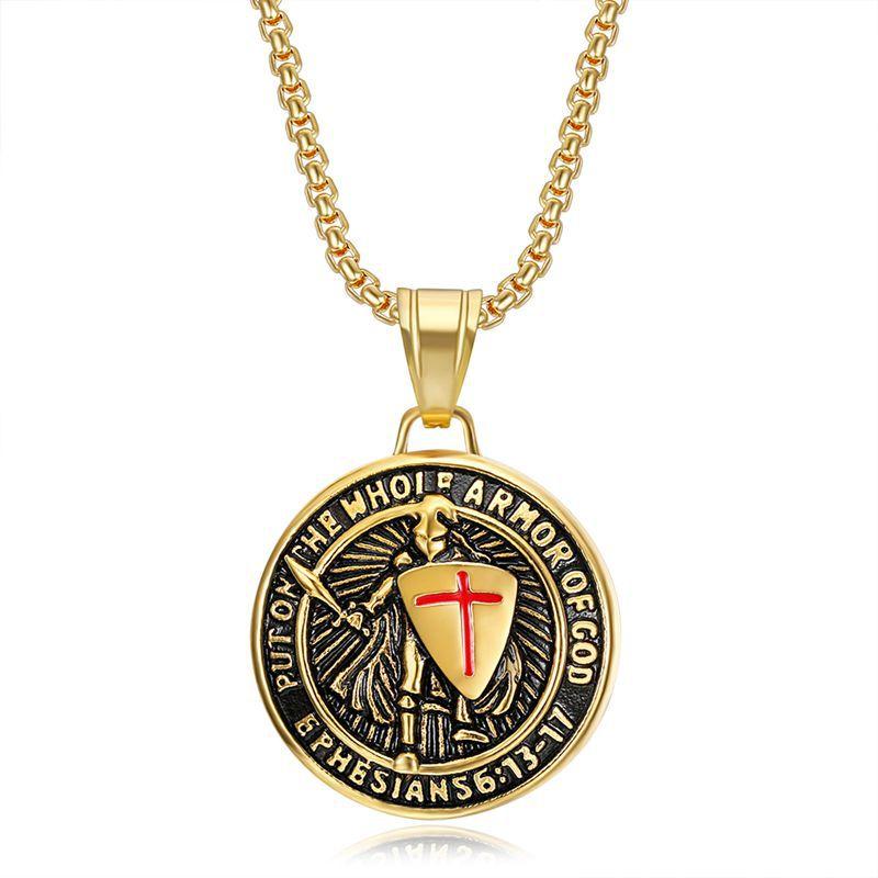 New Vintage Jewelry, Titanium Steel Gold-plated Epoxy Western Medieval Templar Pendant Necklace