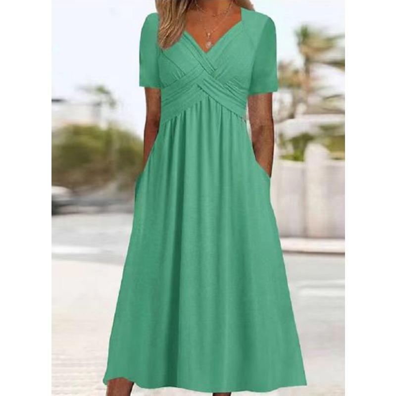 A New Autumn Fashion Solid-color V-neck Short-sleeved Pocket Personalized Dress for Women