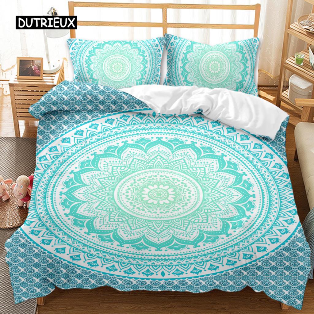 Bohemian Style Mandala Bed Cover Queen Size Size Tie Dye Spiral Bed Cover Hippie Boho Bed Ensemble Exotic Floral Premium Polyester Qulit Cover