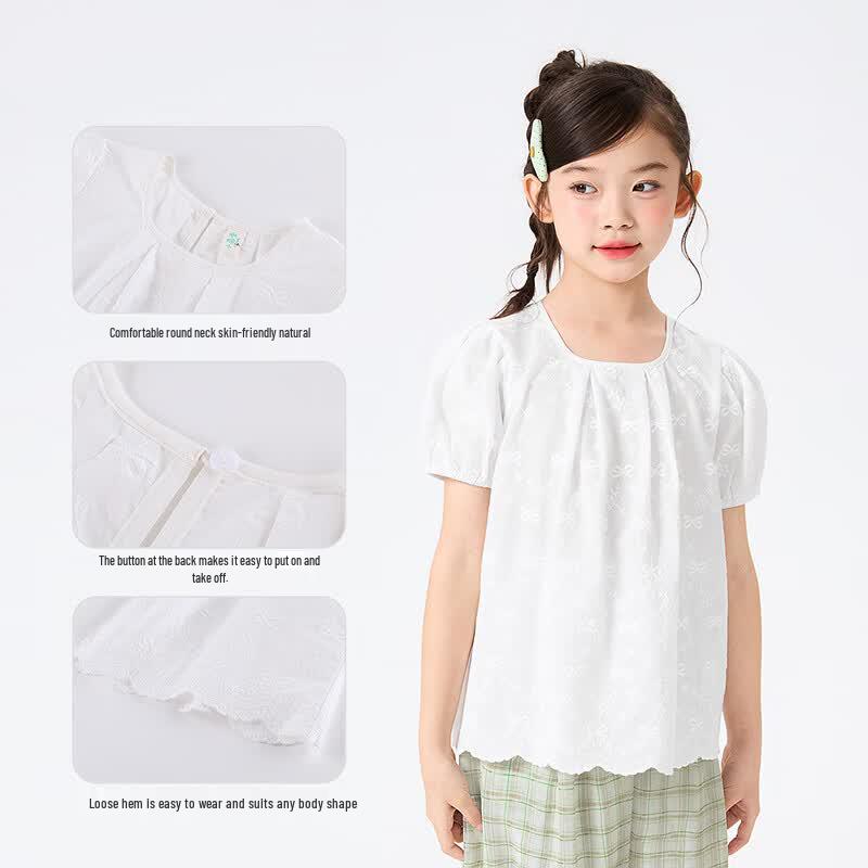 Girls' Summer Lace Trim Puff Sleeve Top