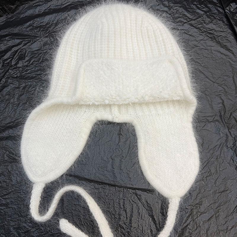 Plush ear protection Lei Feng hat women's winter angora rabbit fur knitted hat cold-proof lace-up warm wool hat