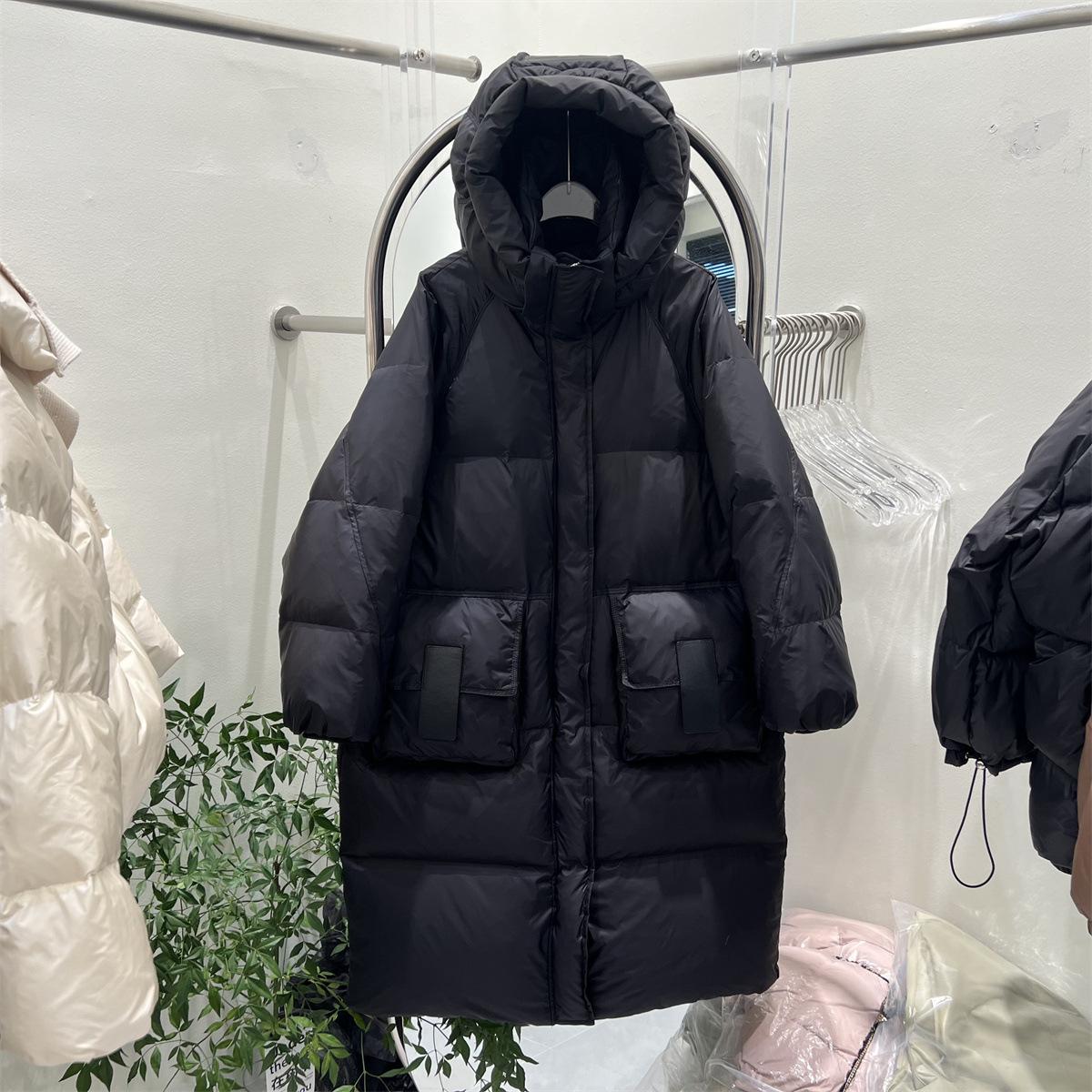 

Зима 2024 Новая женская куртка-пуховик, длинная выше колена, с капюшоном, утолщенная, свободная, с большим карманом, белая куртка-пуховик Tide One size чёрный