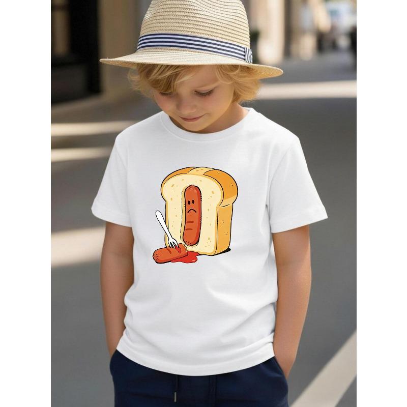 Boys Cute Bread Sausage Cartoon Print Crewneck Casual Short Sleeve T-Shirt 110 белый