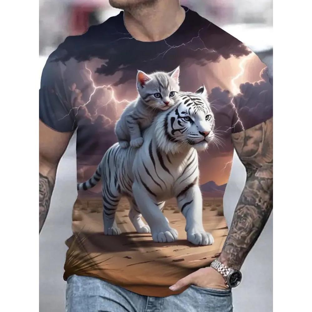 Summer Men's Fun Animal Creative 3D Printed Round Neck Short Sleeve T-shirt Fashionable Comfortable Loose Large Breathable Sports Leisure T-shirt