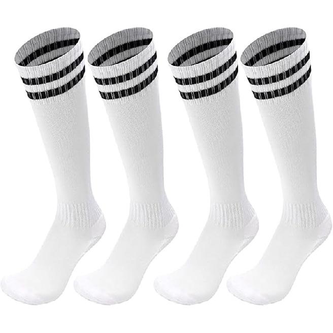 2Pairs Soccer Socks for Kids Solid Striped Knee High Tube Football Sports Socks for 6-13Years Old Boys Girls белый