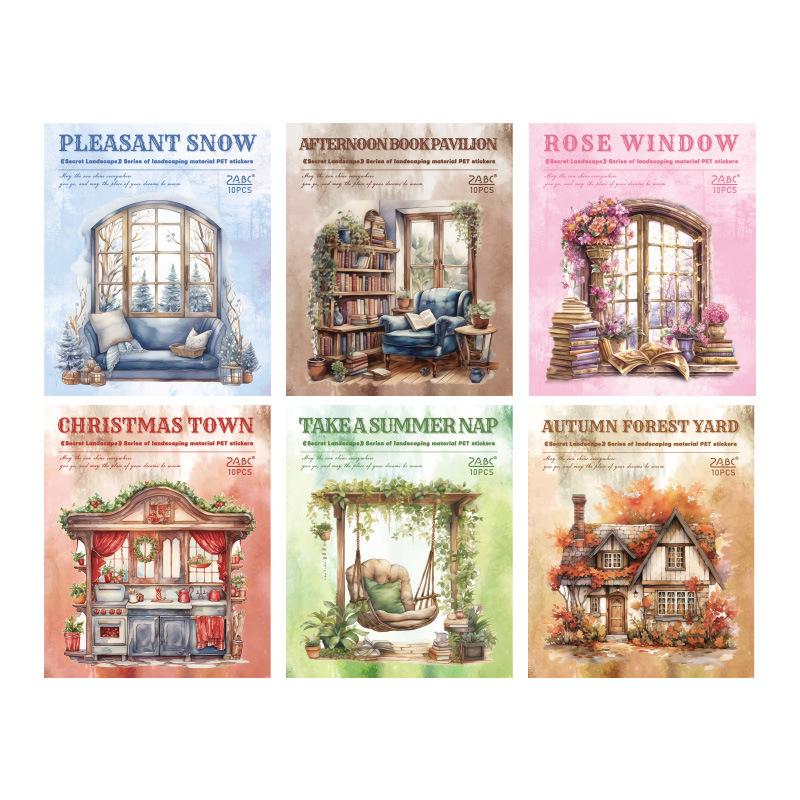 10 pcs Vintage Window PET Stickers pack Creativity Adhesive Diy Hand Account Diary Album Scrapbooking material Craft Supplies