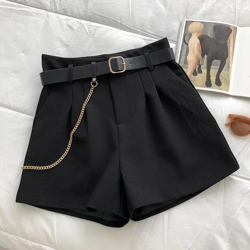 WTEMPO Women Shorts Spring Summer Large Size Solid Color Short Pants Office Ladies Mid Waist Loose A-line Chain Shorts with Belt Suit Shorts