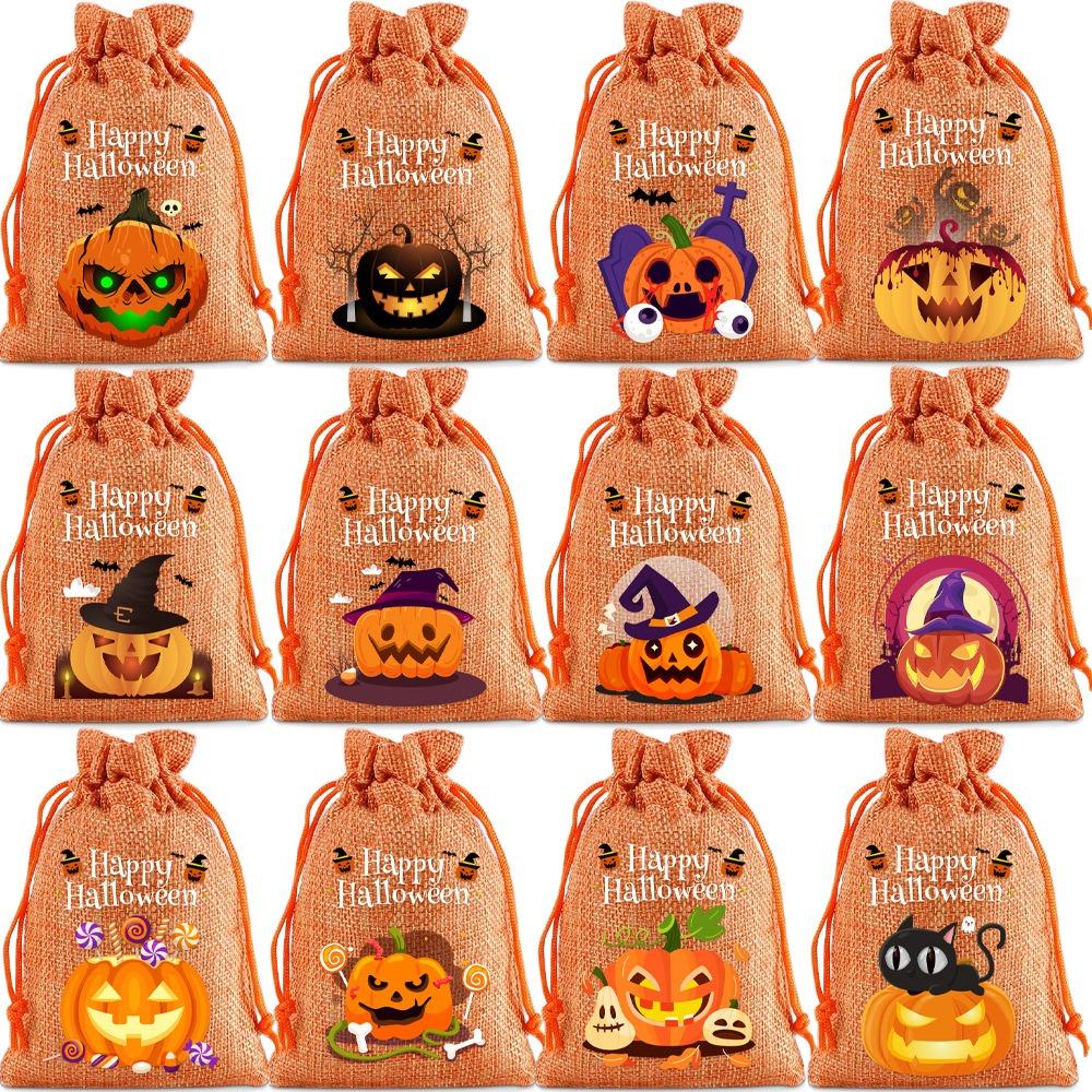 

12Pcs Handheld Halloween Linen Drawstring Bags Pumpkin Ghost Pumpkin Sugar Pocket Snacks Orange