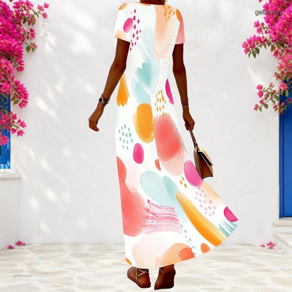 Women Plus Size V Neck Short Sleeve Colorful Printed Long Dress