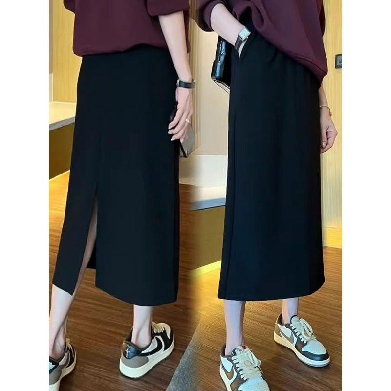 Plus-Size Black Mid-Length A-Line Skirt for Women, Spring/Summer, Petite, High-Waisted, Slimming, with Back Slit, Straight Skirt