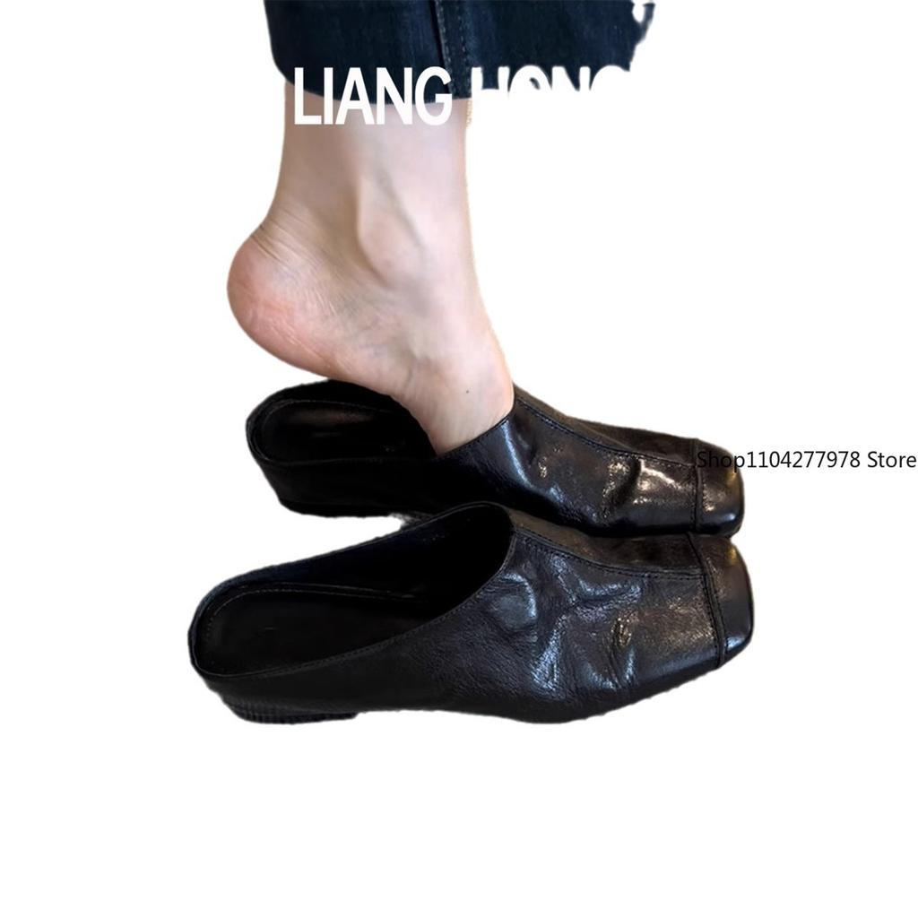 Fashion Women Slippers Flats Slingback Shoes Fashion Leather Mules Shoes Woman Spring 2025 Trend Designer Casual Cozy Zapatillas Mujer