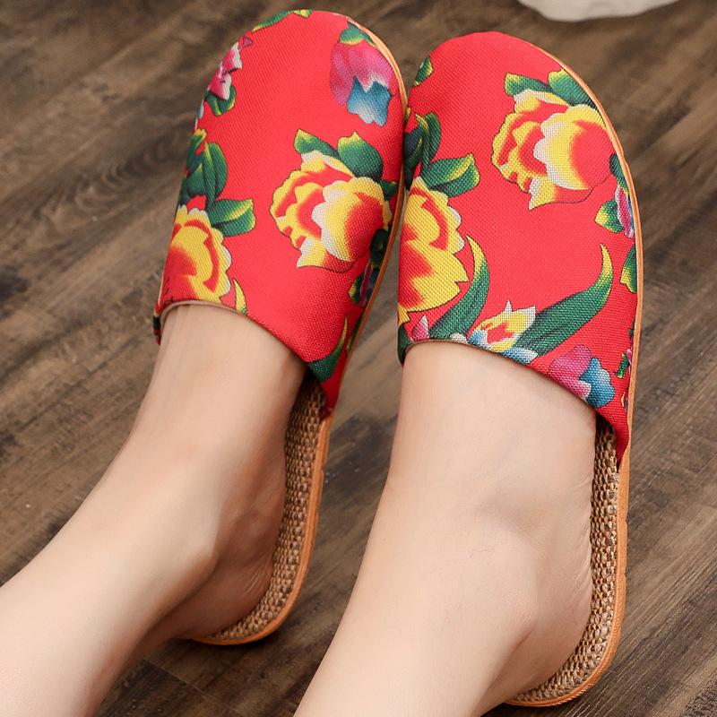 Women's Ethnic Peony Print Linen Half Slippers - Large Size
