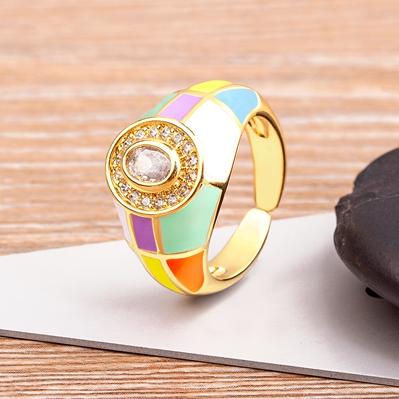 Nidin Charming Zircon Grid Stripe Oil Dripping Creative Retro Ring 7 Colors Open Adjustable Popular Jewelry Party Holiday Gift