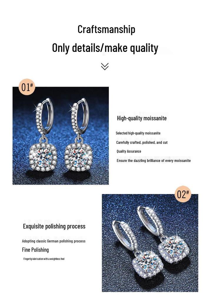 Moissanite S925 Silver Square Stud Earrings for Women - Exquisite Workmanship
