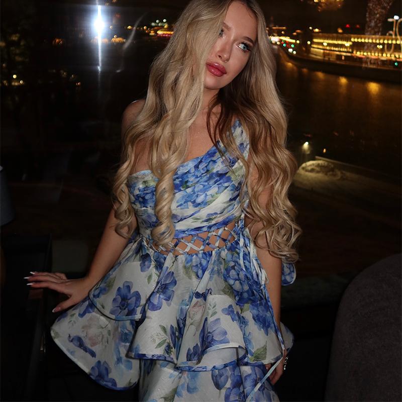 Printed Hollow Out Skew Collar Ruffled Hem Bubble Dress Women Backless High Waist Sleeveless Vacation Dresses Summer Street