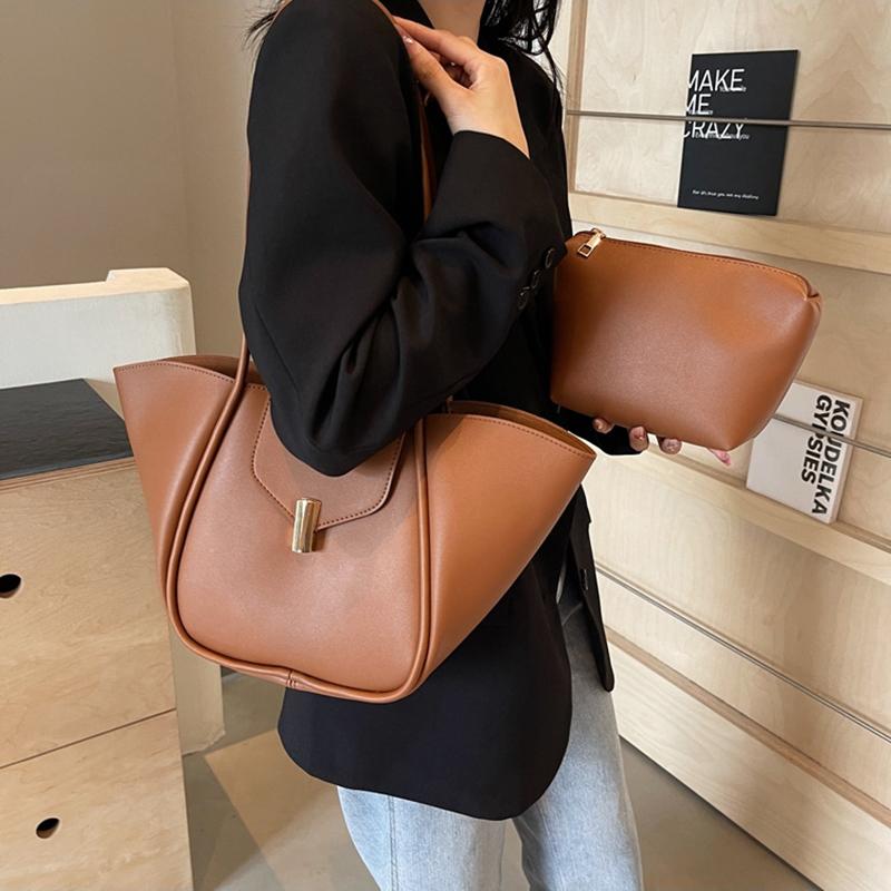 Yogodlns Designer-Edit Large Tote Bag Trendy Lock Detail Satchel, Chic Underarm Purse for Women, Minimalist Crossbody & Work Bag