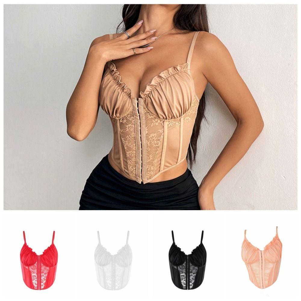 Transparent Lace Corset Mesh Hollow Slim Crop Tops Spicy Girl Style Lace Flower Camisole  Ladies