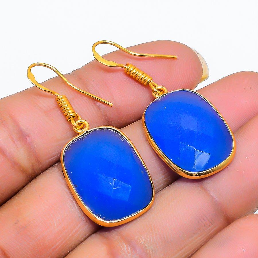 Blue Chalcedony Gemstone Handmade 925 Sterling Silver Jewelry Earring 1.58" GK-5153
