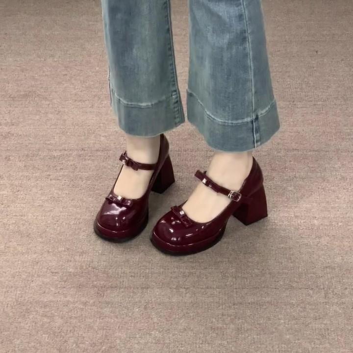 

2025 осень новые французские туфли Мэри Джейн на высоком толстом каблуке, туфли для помолвки на платформе с бантом и ремешком, одинарные туфли для женщин 34 бордовый