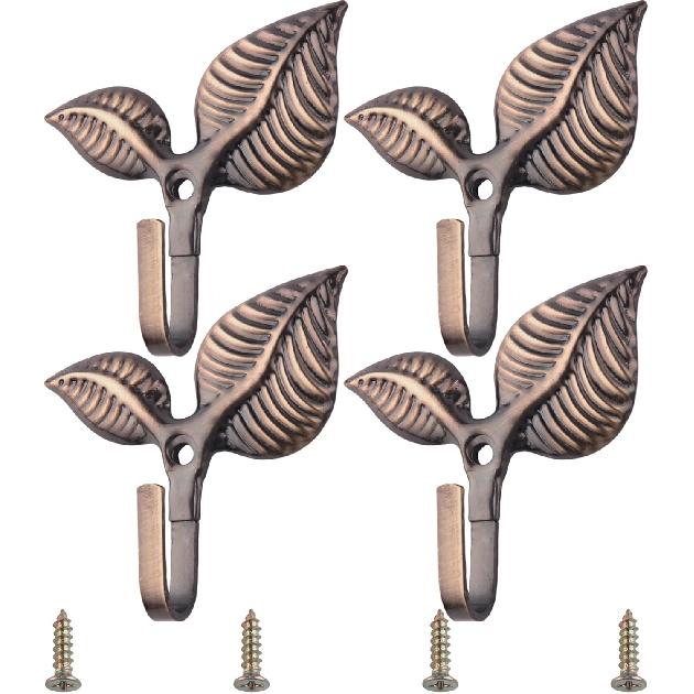 Set of 4 Vintage Leaf Wall Hooks Black Metal Coat Hooks Heavy Duty Decorative Iron Hook Wall Mounted Hangers for Hanging Towels Coats Hats Scarf Bags