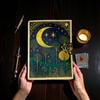 Handmade Leather Moonlight Forest Journal – Mystic Night Sky Design with Deckle Edge Vintage Paper, 5x7” Artisan Notebook 200 Pages