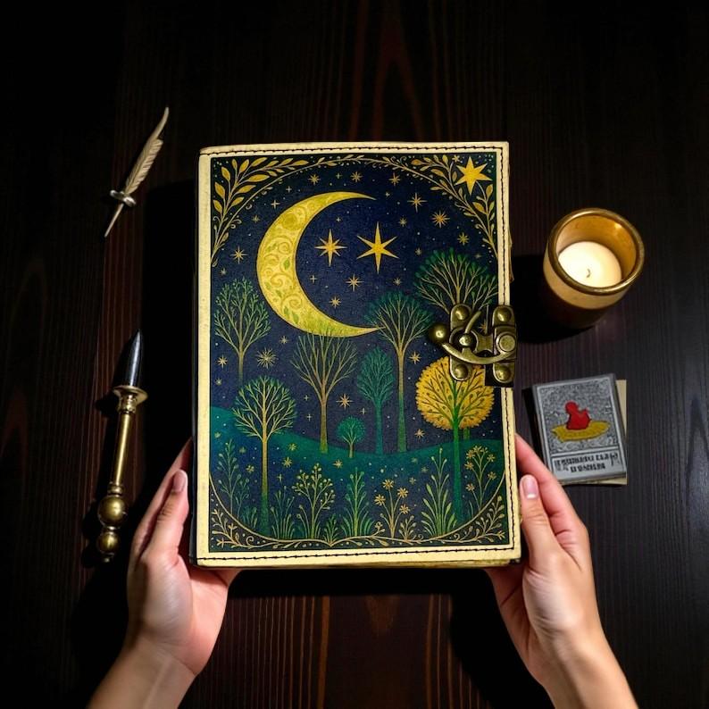 Handmade Leather Moonlight Forest Journal – Mystic Night Sky Design with Deckle Edge Vintage Paper, 5x7” Artisan Notebook 200 Pages