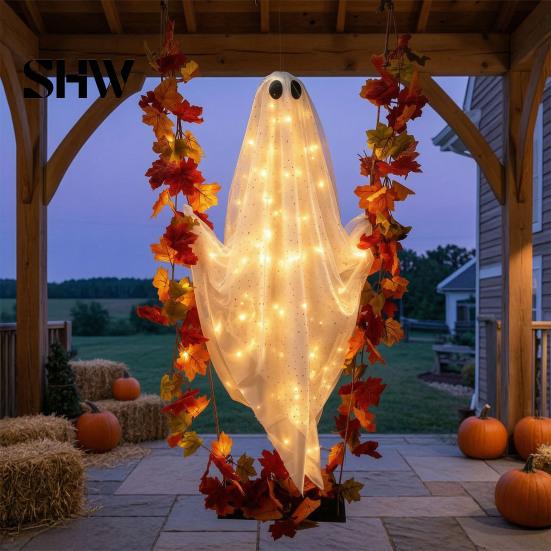 Geheimnisvolle Feiertagsfensterdekorationen Schwingender Geist Außen Dekoration, Große Halloween Hänge mit Ahornblatt Spukbaum Schmuck Ranken Lichter