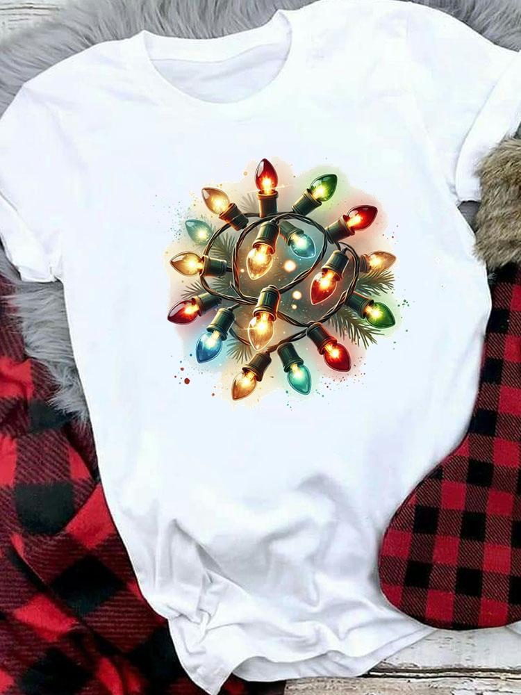 (Asian Size) Tree Lovely Letter Style Women Holiday Print Tee Top Festival Merry Christmas New Year Casual  Lady Short Sleeve Fashion Graphic T-shirts