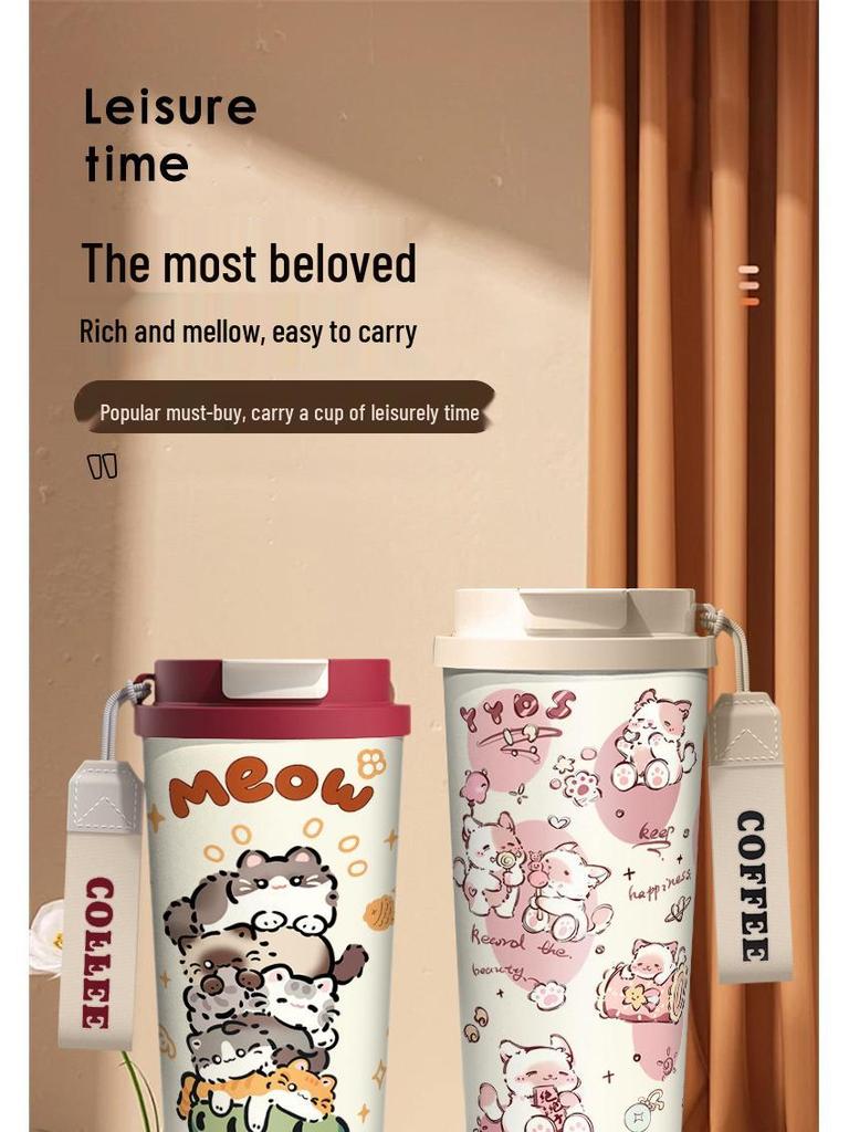 Happy Puppy Stainless Steel Insulated Coffee Cup - Portable, Student-Friendly Design for Men and Women