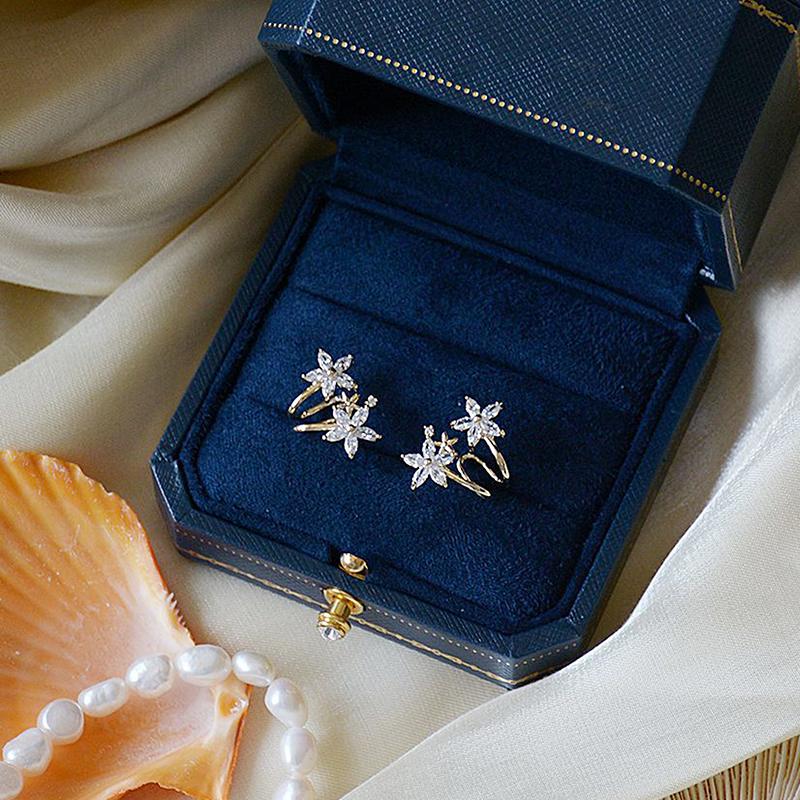 Korean hot fashion jewelry exquisite 14K real gold zircon no pierced ears ear clip sweet flowers women's daily wild earrings