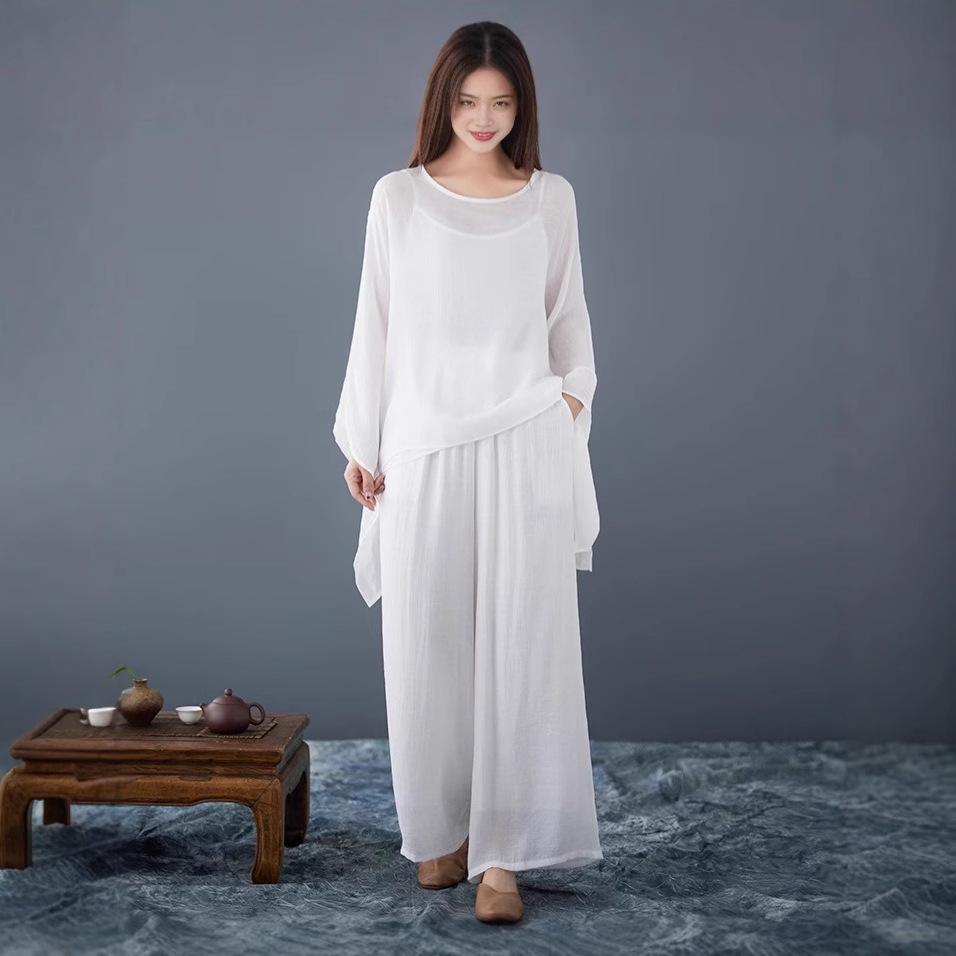 

Женский ретро льняной костюм в стиле дзен: Белый топ и брюки палаццо XL белый