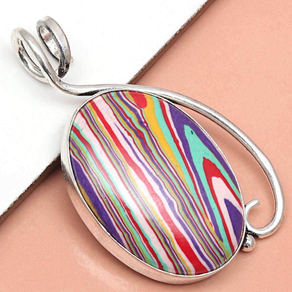 Pandantiv unisex din argint, lucrat manual, cu piatră prețioasă Calsilica curcubeu, pentru femei, 2