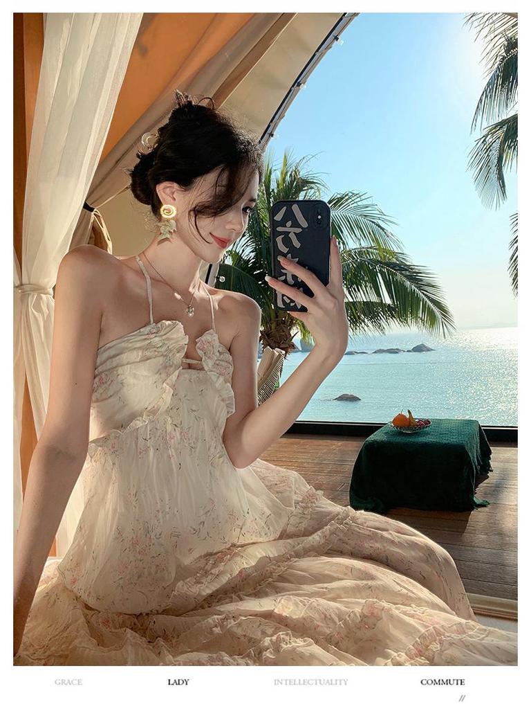 Floral French Halter Backless Summer Maxi Dress for Women