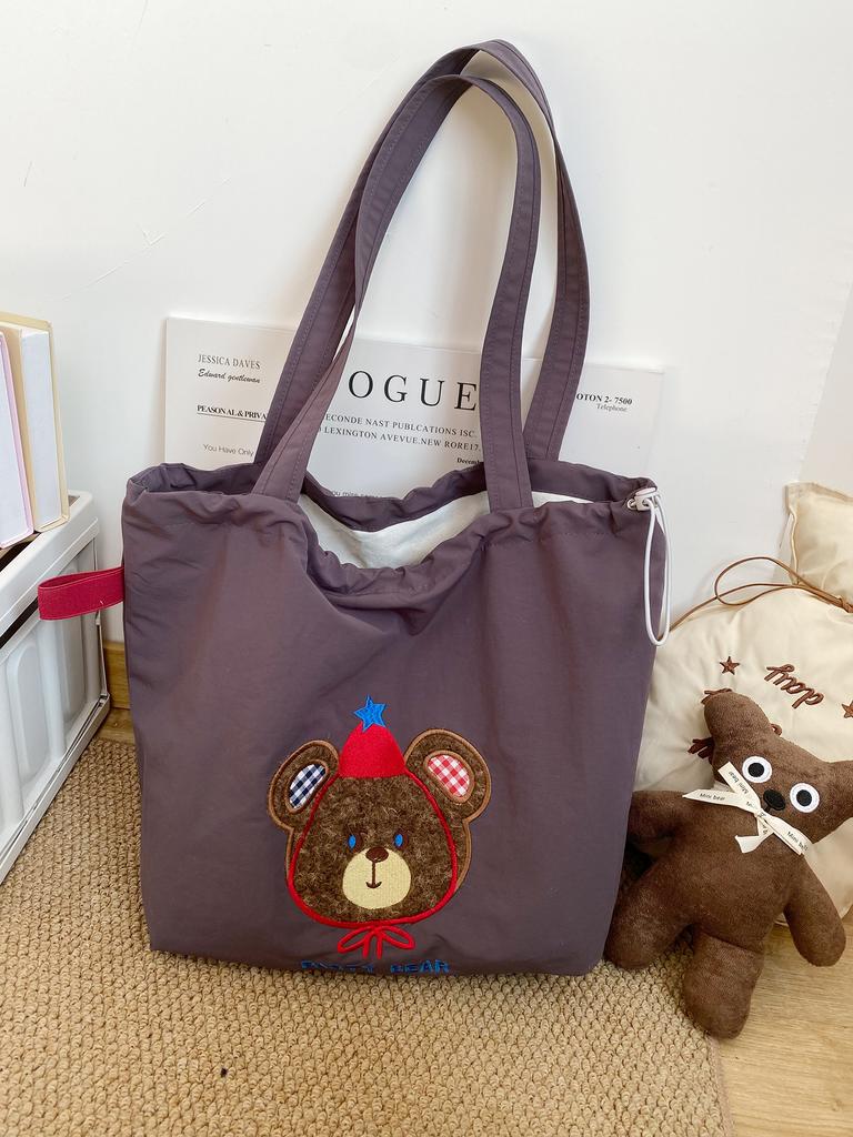 Cute Retro Embroidered Bear Nylon Women's Shoulder Bags Fashion Large Capacity Ladies Handbag Versatile Female Shopping Bag