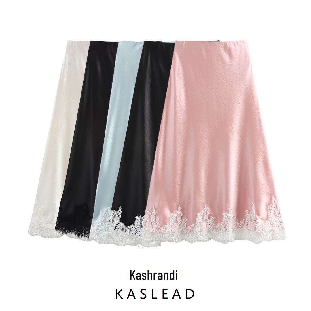 

2025 Spring Women s European Style Lace & Satin Elastic Waist Skirt Medium розовый
