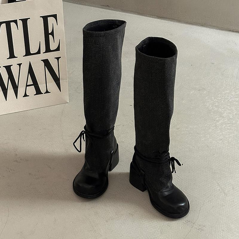 Fashion temperament High sense straps Skinny boots Women's 2025 Autumn and winter stitching thick heel high heel boots Knight boots